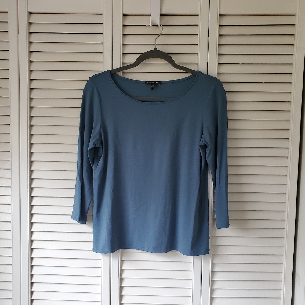 Eileen Fisher Jersey Knit 3/4 Sleeve T-Shirt Slate Blue Rayon Women's Size S